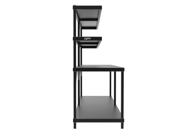 Ergonomic workbench with comfortable work surfaces for reduced fatigue.