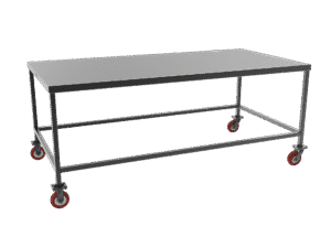 Versatile metal workbench for flexible workspace arrangement.