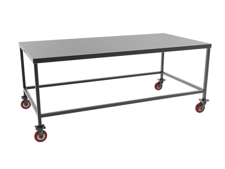 Versatile metal workbench for flexible workspace arrangement.