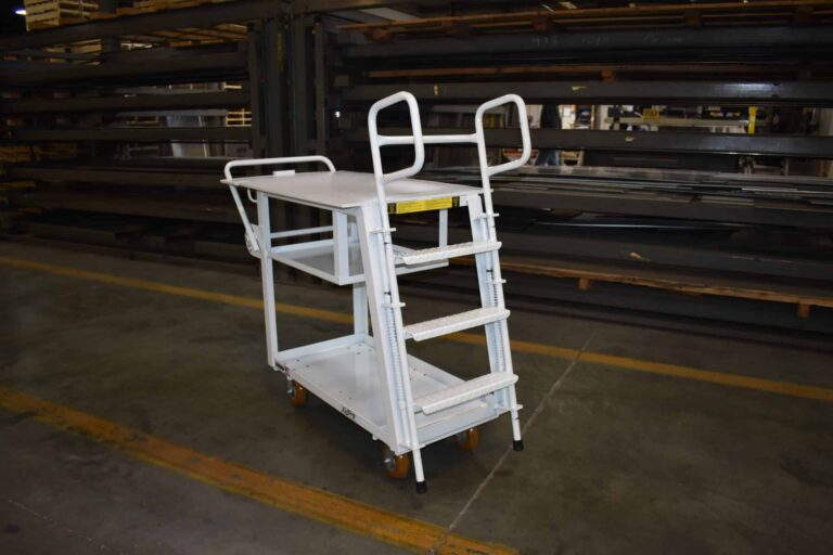 Industrial shelf ladder cart with spring-loaded 3-step ladder, steel construction, and 6 inch poly wheels